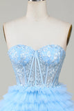Cute A-Line Sweetheart Blue Corset Short Cocktail Dress with Ruffles