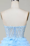 Cute A-Line Sweetheart Blue Corset Short Cocktail Dress with Ruffles
