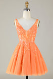 Sparkly Orange A Line Glitter Short Ball Dress with Sequins