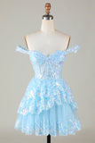 Sparkly Blue Corset Tiered Lace A-Line Short Ball Dress