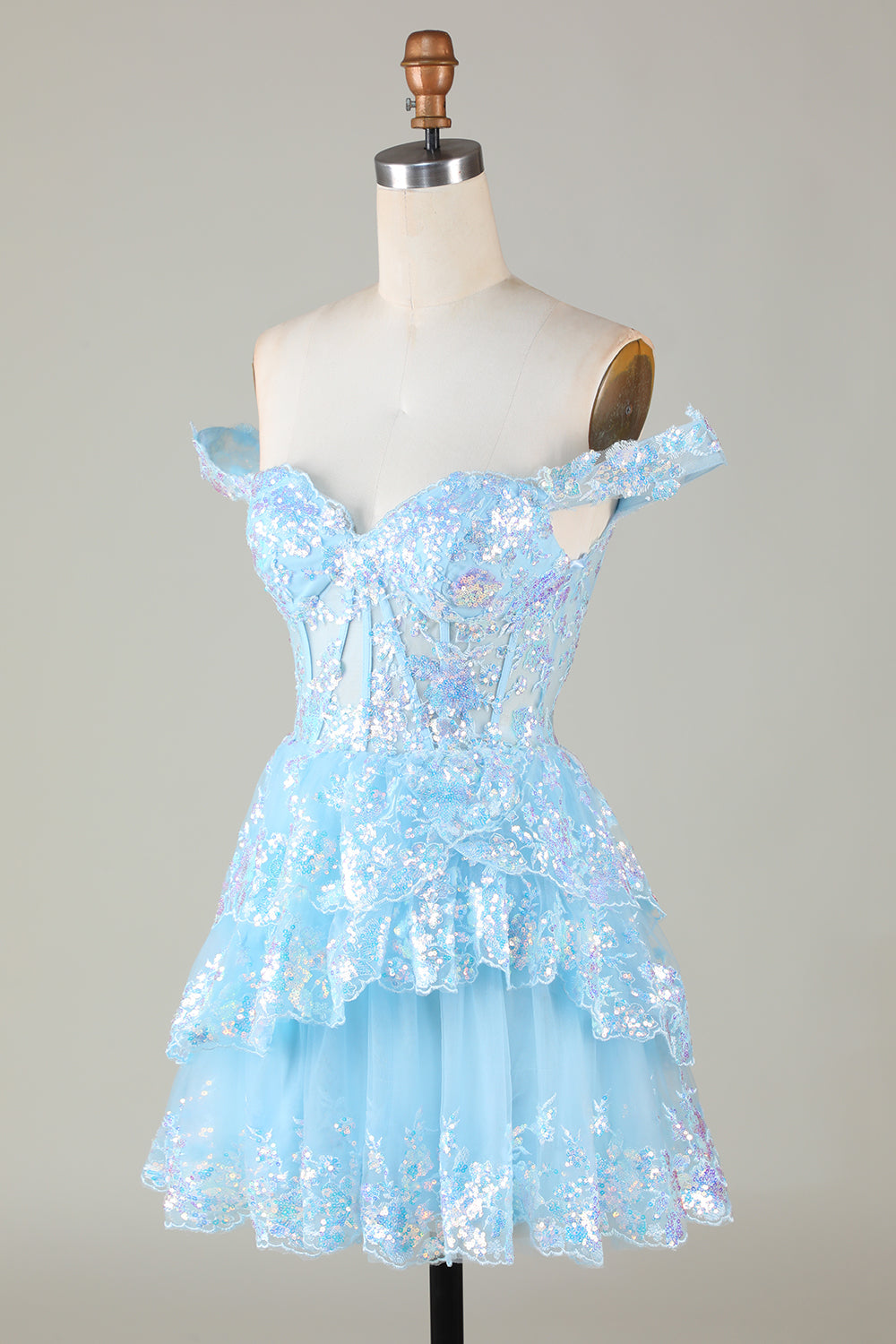 Sparkly Blue Corset Tiered Lace A-Line Short Ball Dress