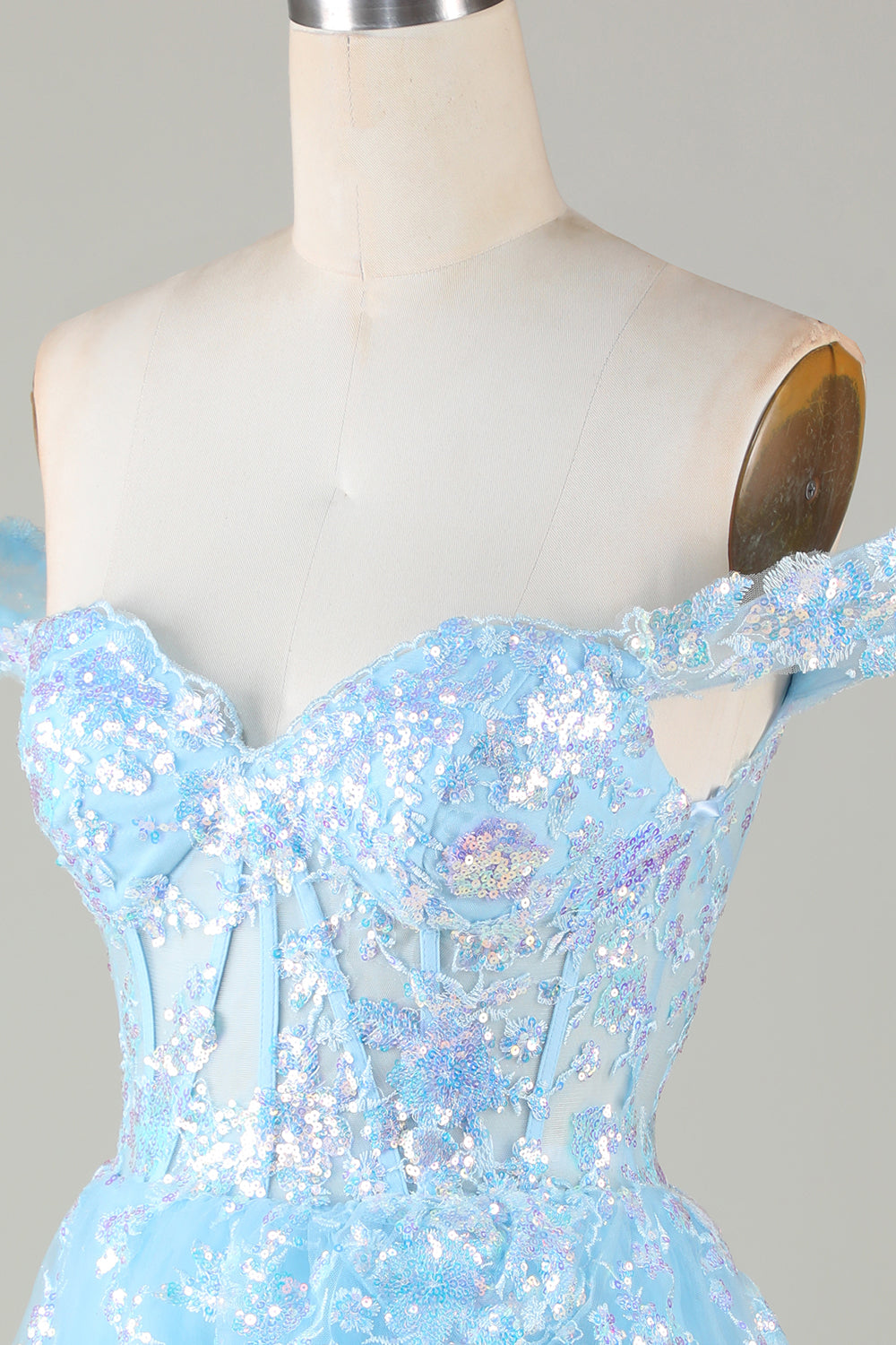 Sparkly Blue Corset Tiered Lace A-Line Short Ball Dress