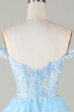 Sparkly Blue Corset Tiered Lace A-Line Short Ball Dress