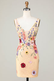 Bodycon Deep V-Neck Champagne Short Cocktail Dress with Appliques