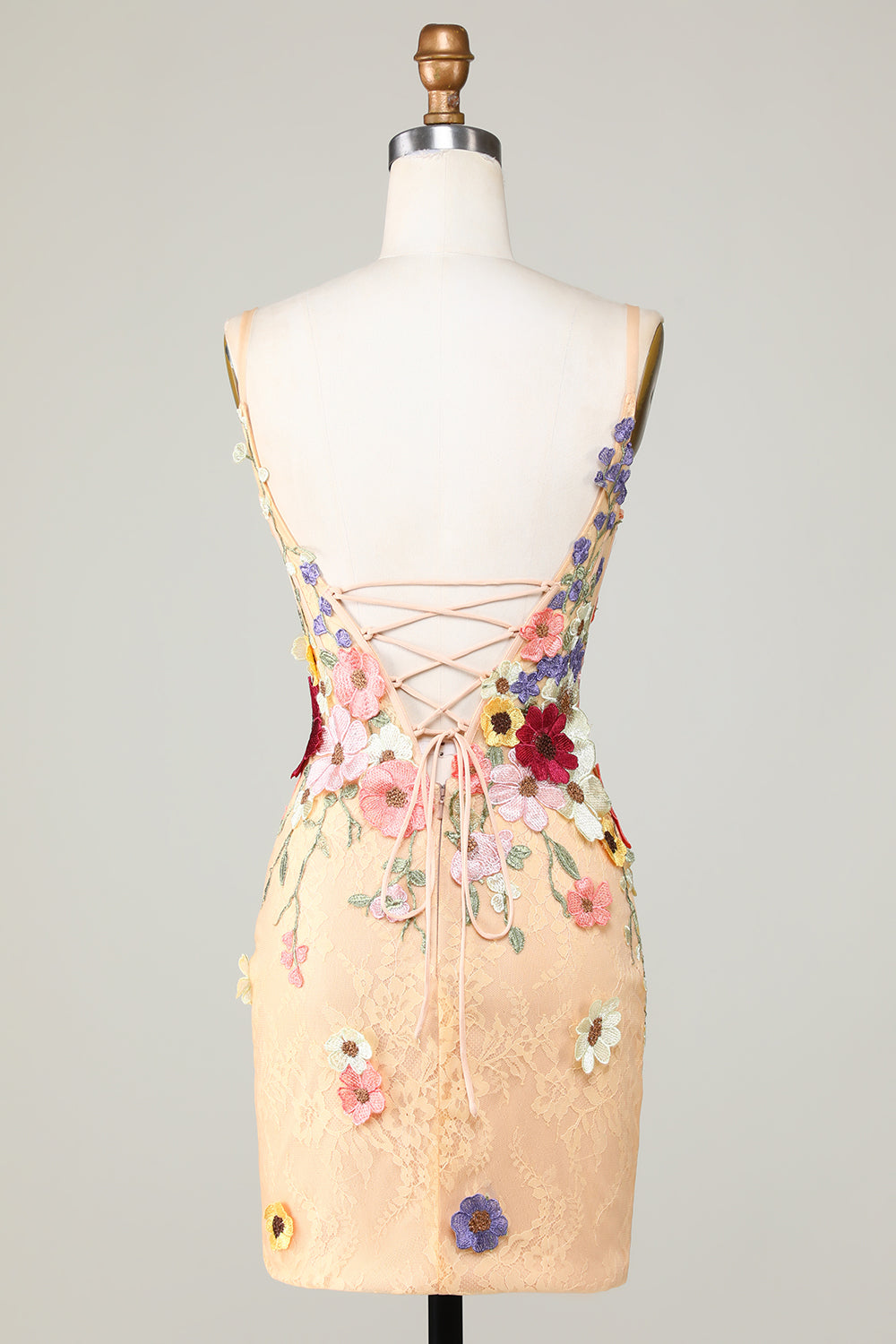 Bodycon Deep V-Neck Champagne Short Cocktail Dress with Appliques