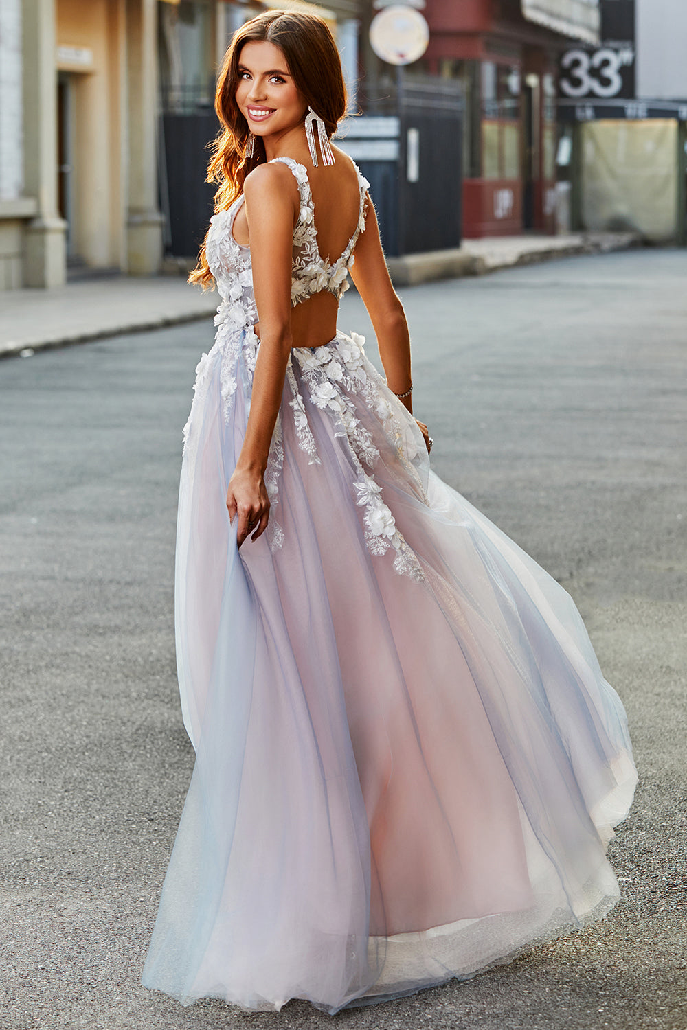 Grey Pink A Line Deep V Neck Long Ball Dress with Appliques