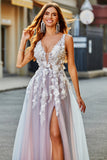 Grey Pink A Line Deep V Neck Long Ball Dress with Appliques