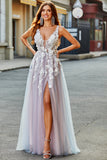 Grey Pink A Line Deep V Neck Long Ball Dress with Appliques