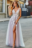 Grey Pink A Line Deep V Neck Long Ball Dress with Appliques