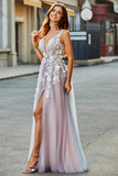Grey Pink A Line Deep V Neck Long Ball Dress with Appliques