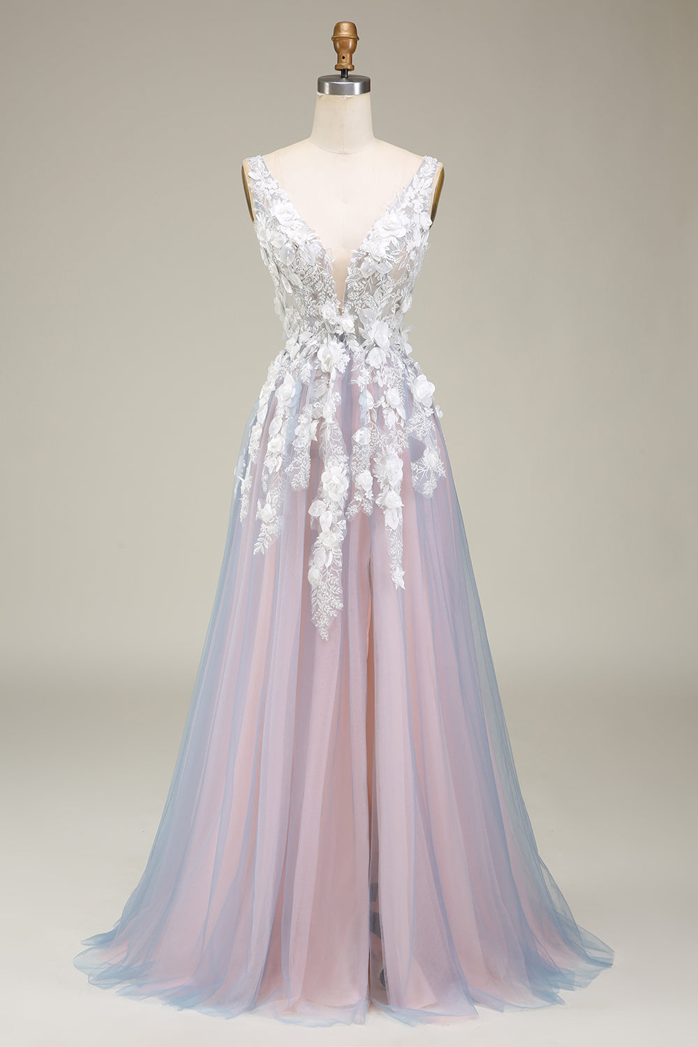 Gorgeous Grey Pink A Line Deep V Neck Long Ball Dress with Appliques