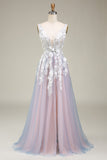Gorgeous Grey Pink A Line Deep V Neck Long Ball Dress with Appliques