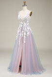 Gorgeous Grey Pink A Line Deep V Neck Long Ball Dress with Appliques