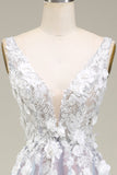 Gorgeous Grey Pink A Line Deep V Neck Long Ball Dress with Appliques
