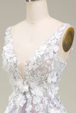 Gorgeous Grey Pink A Line Deep V Neck Long Ball Dress with Appliques