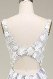 Gorgeous Grey Pink A Line Deep V Neck Long Ball Dress with Appliques