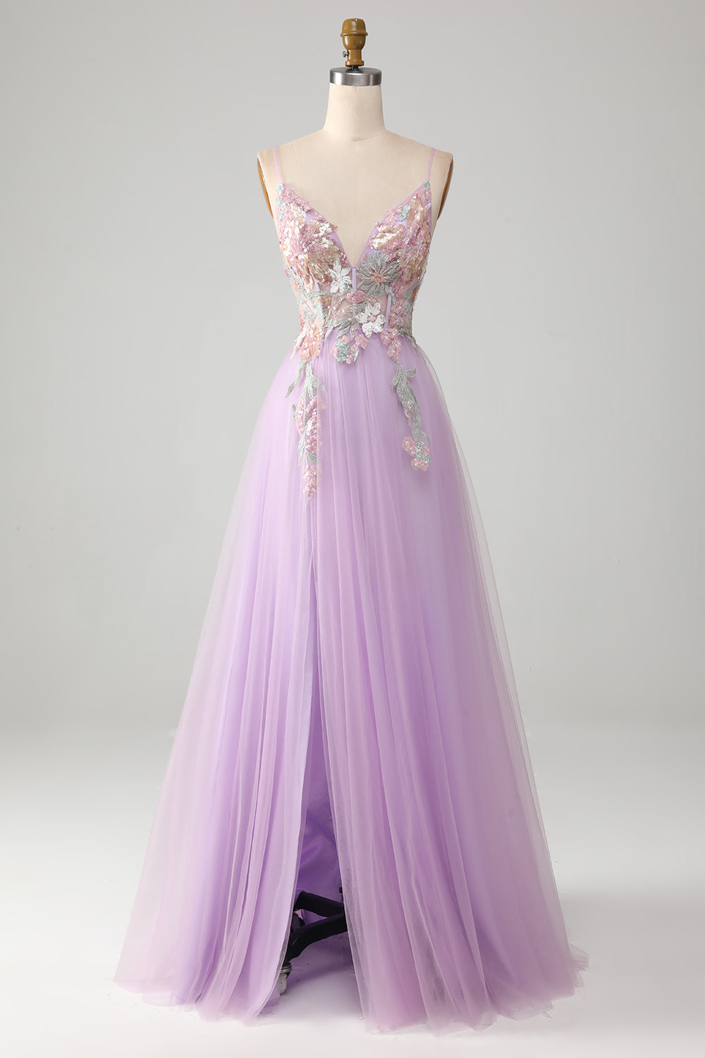 Glitter A-Line Spaghetti Straps Lilac Long Ball Dress with Flowers
