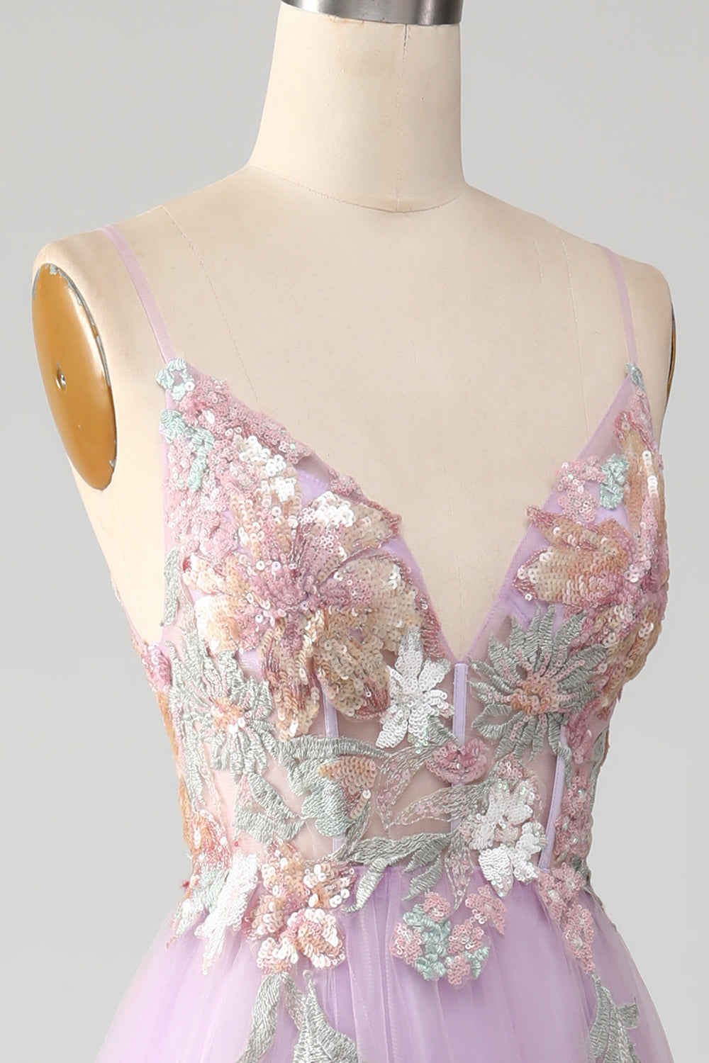 Glitter A-Line Spaghetti Straps Lilac Long Ball Dress with Flowers