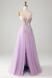 Glitter A-Line Spaghetti Straps Lilac Long Ball Dress with Flowers