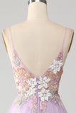 Glitter A-Line Spaghetti Straps Lilac Long Ball Dress with Flowers
