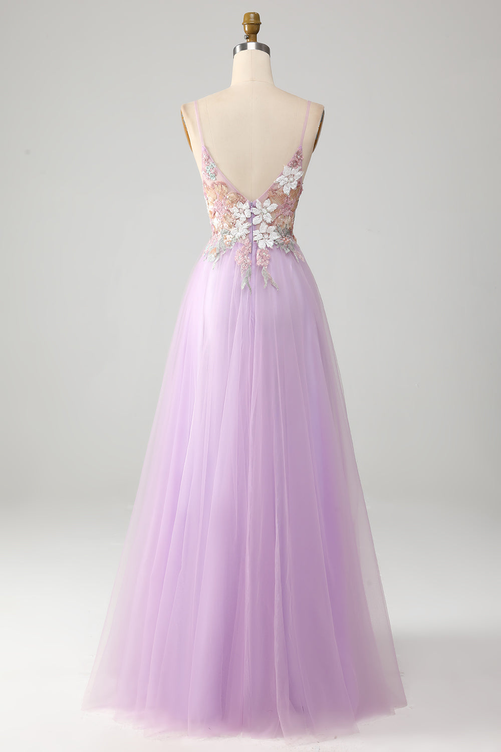 Glitter A-Line Spaghetti Straps Lilac Long Ball Dress with Flowers