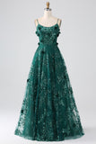 Glitter Dark Green Spaghetti Straps Lace Flower Long Corset Ball Dress