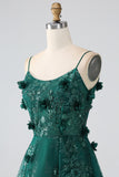 Glitter Dark Green Spaghetti Straps Lace Flower Long Corset Ball Dress