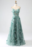 Glitter Grey Green Spaghetti Straps Lace Flower Long Corset Ball Dress