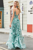 Green A Line Spaghetti Straps Long Ball Dress with Appliques
