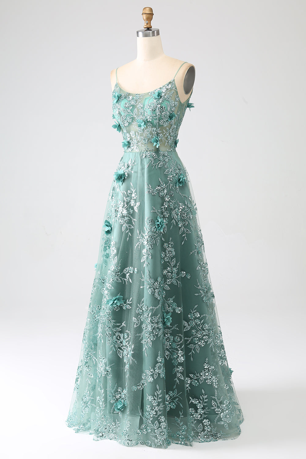 Glitter Grey Green Spaghetti Straps Lace Flower Long Corset Ball Dress