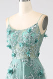 Glitter Grey Green Spaghetti Straps Lace Flower Long Corset Ball Dress