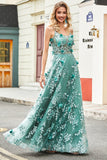 Green A Line Spaghetti Straps Long Ball Dress with Appliques