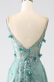 Glitter Grey Green Spaghetti Straps Lace Flower Long Corset Ball Dress