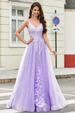 Gorgeous A Line Spaghetti Straps Lilac Tulle Long Ball Dress with Appliques