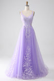 Lilac A-Line Spaghetti Straps Tulle Long Ball Dress with Appliques