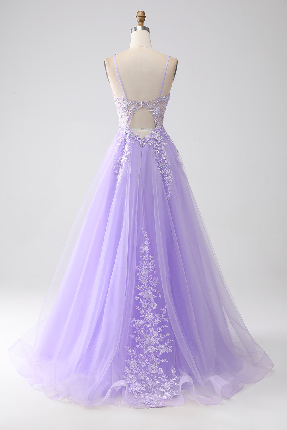 Lilac A-Line Spaghetti Straps Tulle Long Ball Dress with Appliques