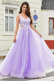 Gorgeous A Line Spaghetti Straps Lilac Tulle Long Ball Dress with Appliques