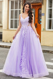 Gorgeous A Line Spaghetti Straps Lilac Tulle Long Ball Dress with Appliques