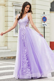 Gorgeous A Line Spaghetti Straps Lilac Tulle Long Ball Dress with Appliques