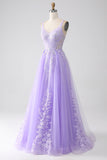 Lilac A-Line Spaghetti Straps Tulle Long Ball Dress with Appliques