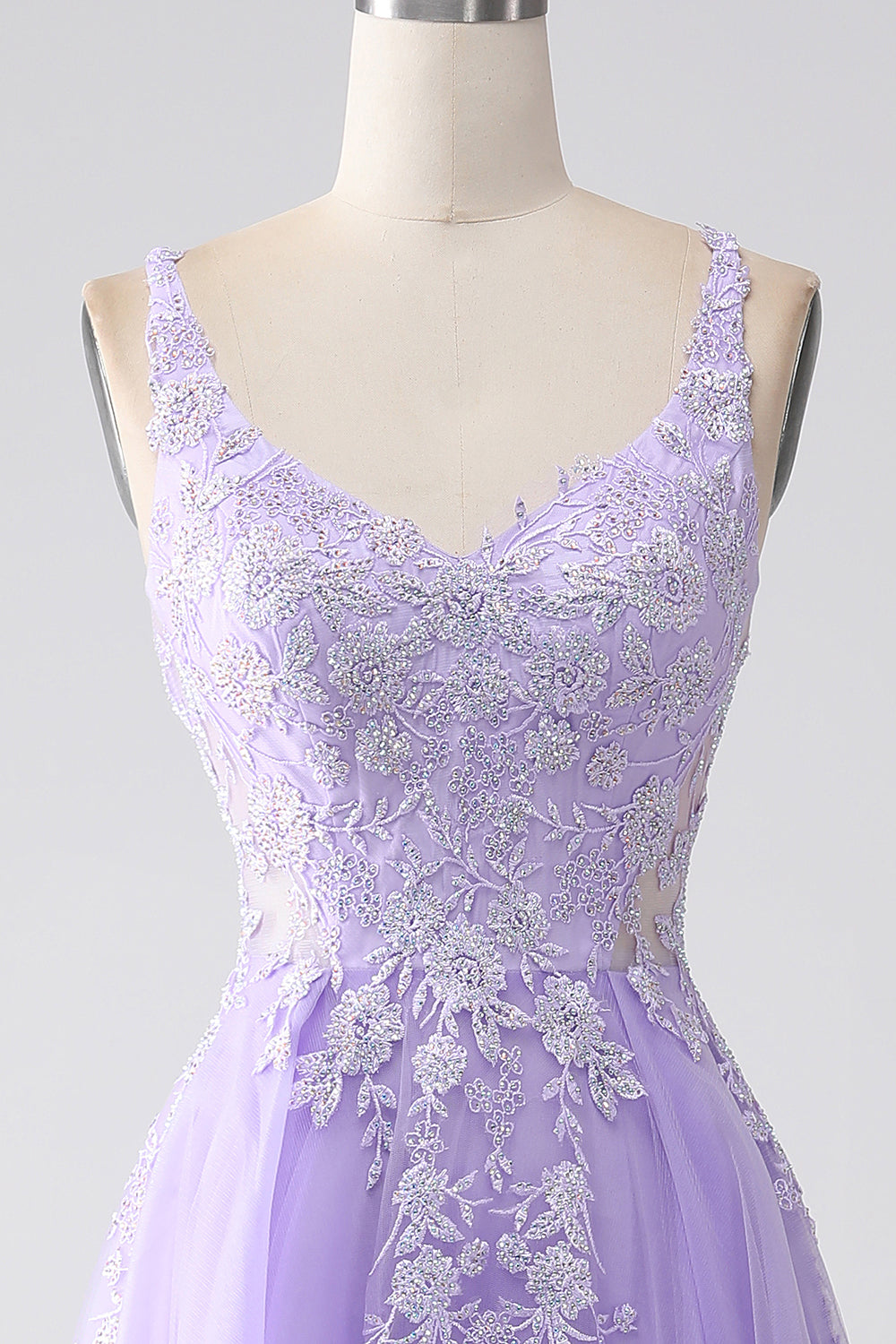 Lilac A-Line Spaghetti Straps Tulle Long Ball Dress with Appliques