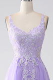 Lilac A-Line Spaghetti Straps Tulle Long Ball Dress with Appliques