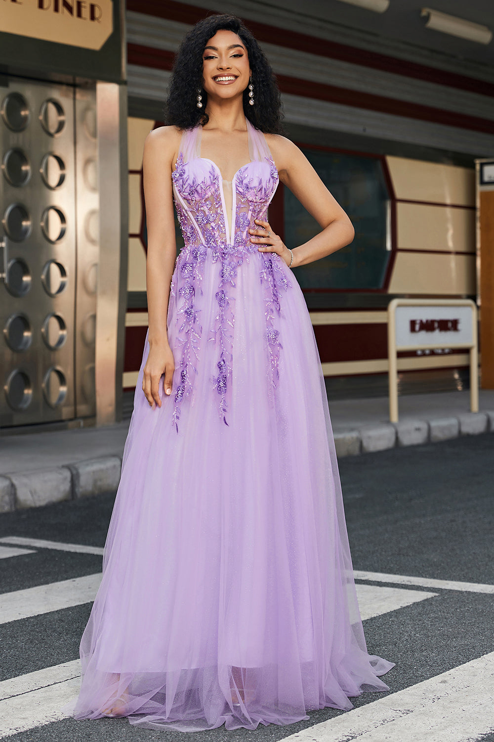 Gorgeous A Line Halter Neck Grey Purple Corset Ball Dress with Appliques