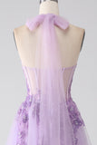Grey Purple A-Line Halter Neck Beaded Long Ball Dress