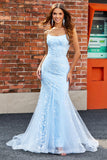 Light Blue Sparkly Beaded Mermaid Long Ball Dress