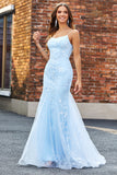 Light Blue Sparkly Beaded Mermaid Long Ball Dress