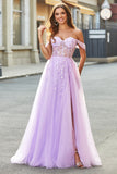Off The Shoulder Lilac A-Line Beaded Corset Ball Dress