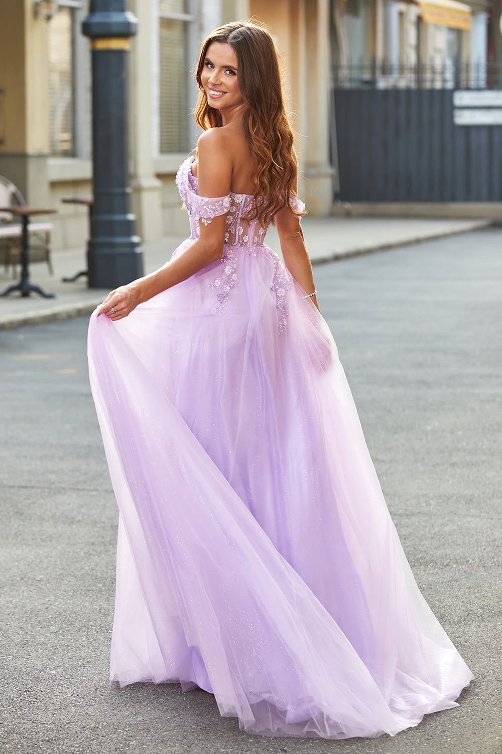 Off The Shoulder Lilac A-Line Beaded Corset Ball Dress