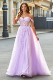 Off The Shoulder Lilac A-Line Beaded Corset Ball Dress