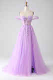 Lilac A-Line Off The Shoulder Beaded Corset Ball Dress